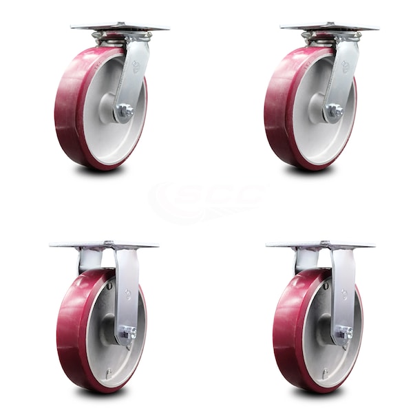 8 Inch Poly on Aluminum Caster Set with Ball Bearings 2 Swivel 2 Rigid SCC